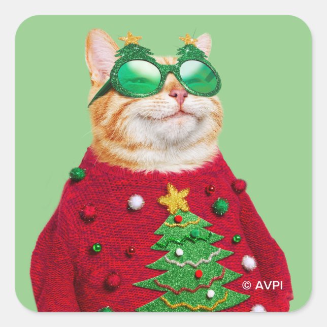 Katze im Ugly Christmas Sweater Quadratischer Aufkleber (Vorderseite)