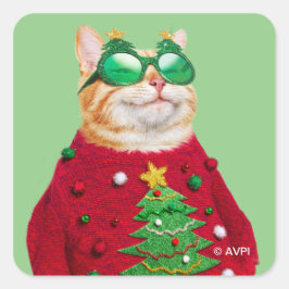 Katze im Ugly Christmas Sweater Quadratischer Aufkleber