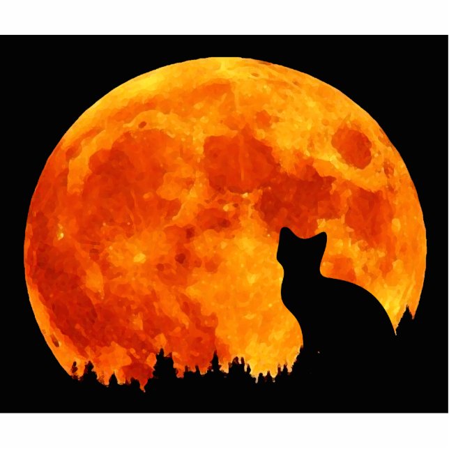 Katze im vollen orange Mond Freistehende Fotoskulptur (Vorne)