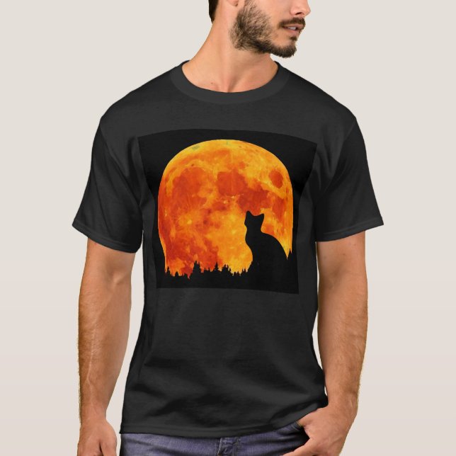 Katze im vollen orange Mond T-Shirt (Vorderseite)