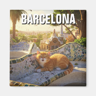 Katze in Barcelona Spanien Park Güell Travel Magnet