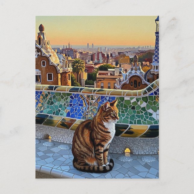 Katze in Barcelona Spanien Park Güell Travel Postkarte (Vorderseite)