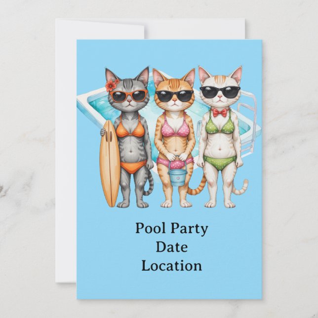 Katze in Bikini Poolparty Einladung (Vorderseite)