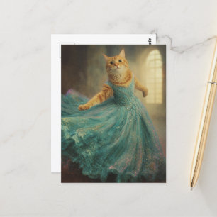 Katze in blauem Kleid und Tanz Postkarte