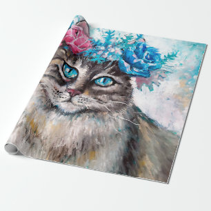 Katze in Blume Ölmalerei auf Leinwand. Winte Geschenkpapier