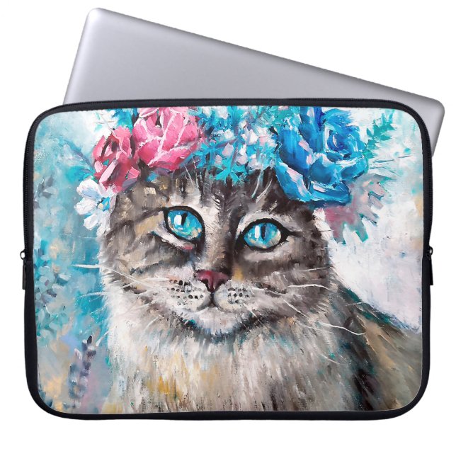 Katze in Blume Ölmalerei auf Leinwand. Winte Laptopschutzhülle (Vorderseite)
