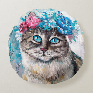 Katze in Blume Ölmalerei auf Leinwand. Winte Rundes Kissen