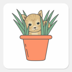 Katze in Blume Pot Funny Kitten in Pflanze Quadratischer Aufkleber