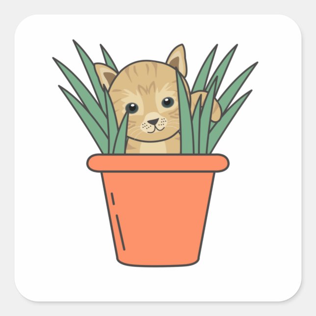 Katze in Blume Pot Funny Kitten in Pflanze Quadratischer Aufkleber (Vorderseite)