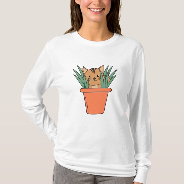 Katze in Blume Pot Funny Kitten in Pflanze T-Shirt (Vorderseite)