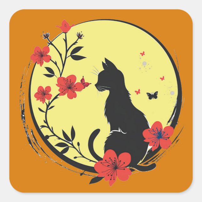 Katze in den Mondlicht-Aufklebern Quadratischer Aufkleber (Vorderseite)