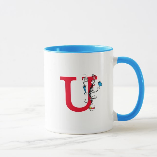Katze in der Hat Balancing Act Monogram U Tasse (Rechts)