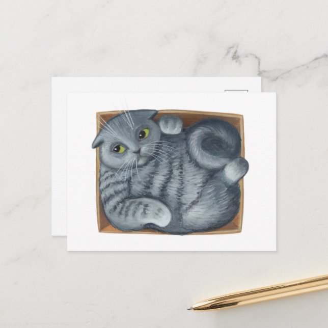 Katze in der Schachtel Postkarte (Vorderseite/Rückseite Beispiel)
