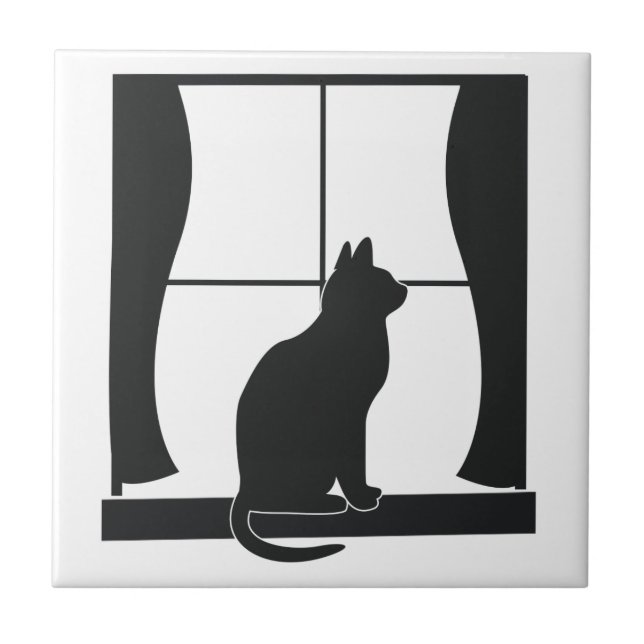Katze in der Silhouette, die am Fenster sitzt Fliese (Vorderseite)