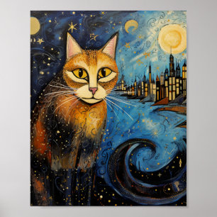 Katze in der Starry Night City Poster