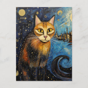 Katze in der Starry Night City Postkarte