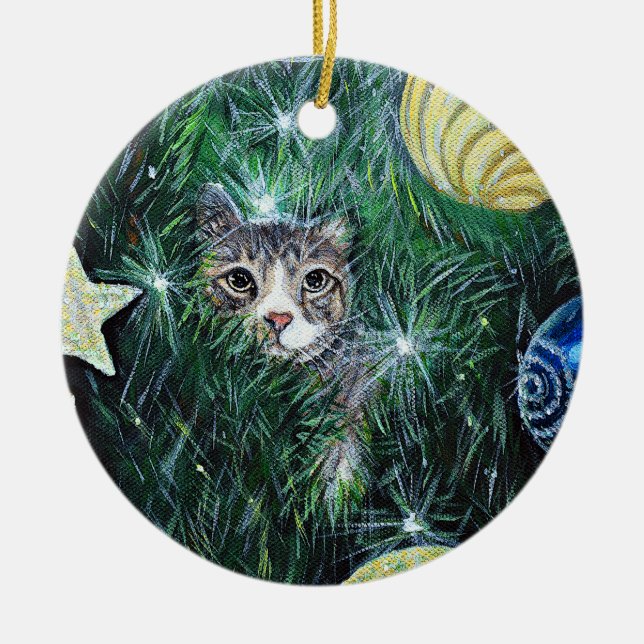 Katze in der Weihnachtsbaummalerei Keramik Ornament (Vorne)
