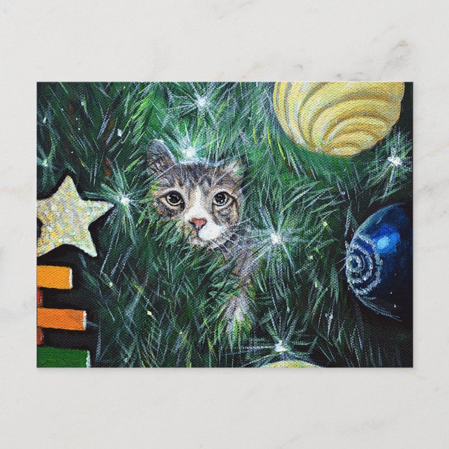 Katze in der Weihnachtsbaummalerei Postkarte (Vorderseite)