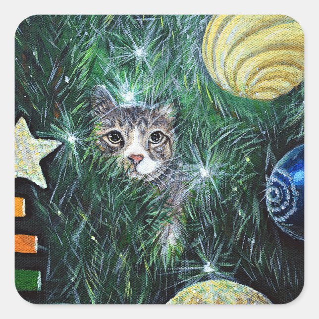 Katze in der Weihnachtsbaummalerei Quadratischer Aufkleber (Vorderseite)