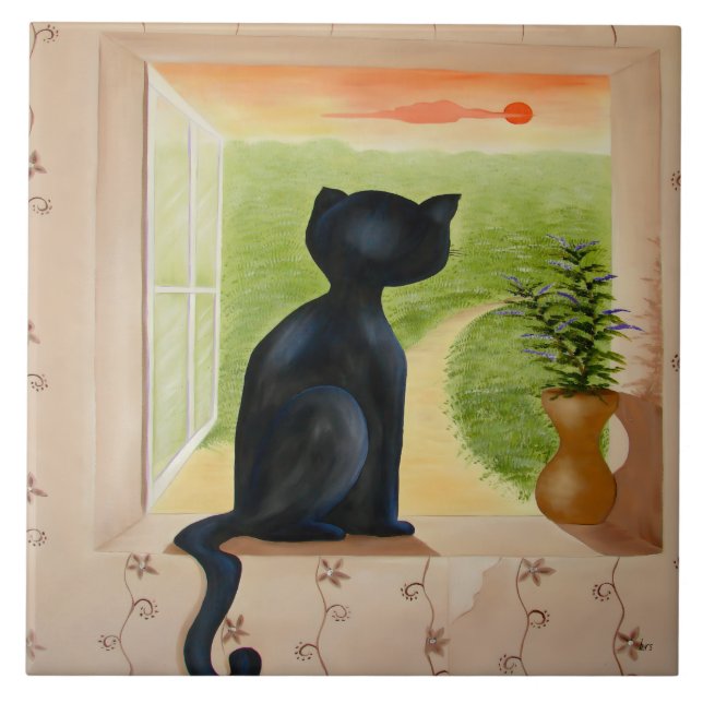 Katze in einem Fenster Fliese (Vorderseite)