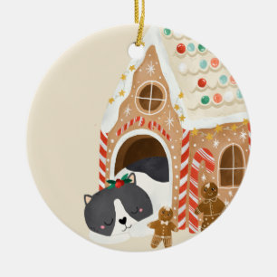 Katze in einem Lebkuchenhaus Keramik Ornament