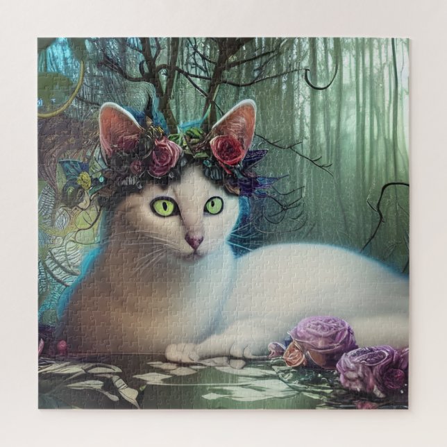 Katze in einem magischen Wald AI Generierte Kunst Puzzle (Vertikal)