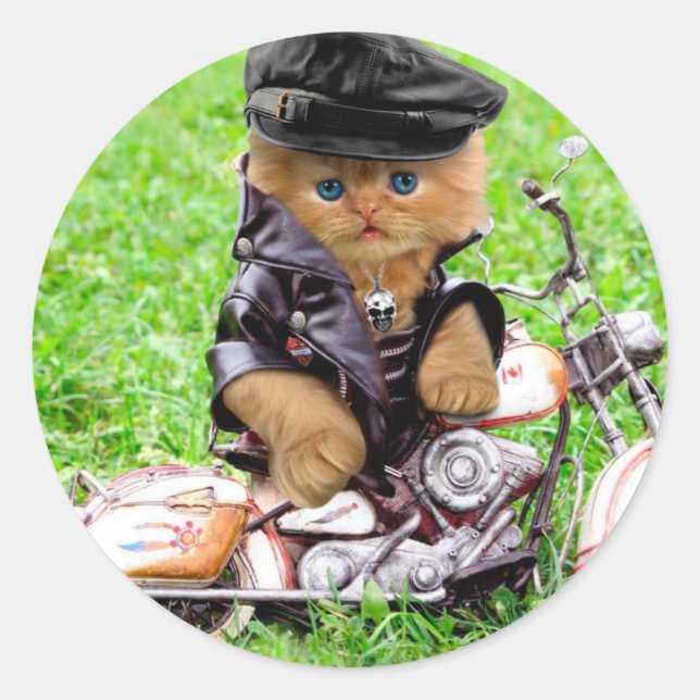 Katze in einem Motorrad Runder Aufkleber (Vorderseite)
