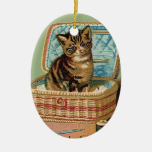 Katze in einem nähenden Korb Keramik Ornament