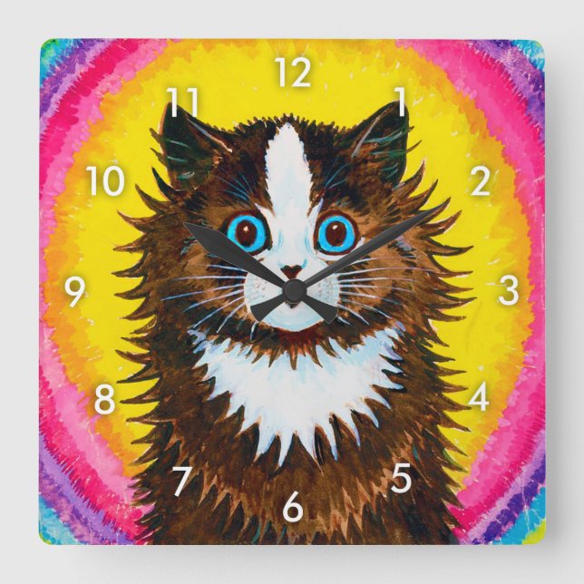 Katze in einem Regenbogen, Louis Wain Quadratische Wanduhr (Vorderseite)