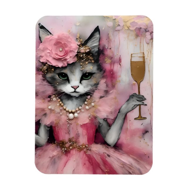 Katze in einem rosa Kleid mit einem goldenen Geträ Magnet (Vertikal)