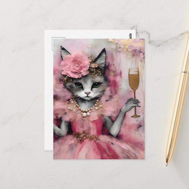 Katze in einem rosa Kleid mit einem goldenen Geträ Postkarte (Vorderseite/Rückseite Beispiel)