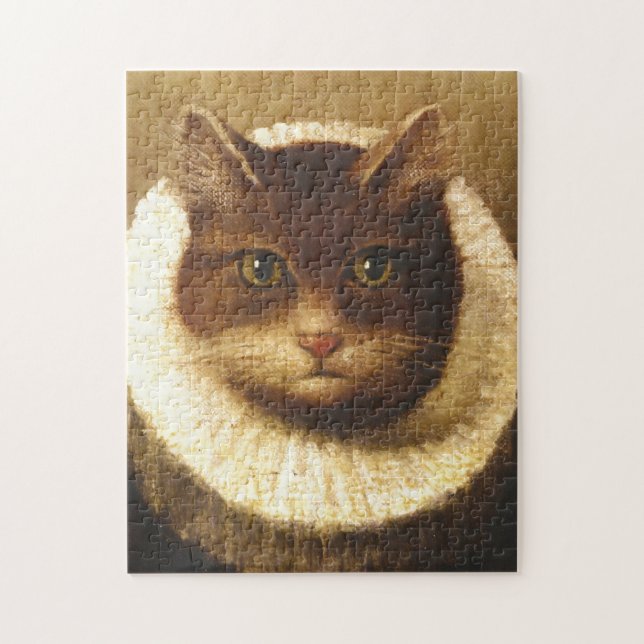 Katze in einem Ruff Niedliche Viktorianische Kunst Puzzle (Vertikal)