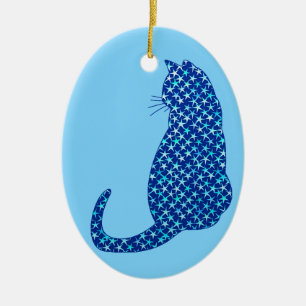 Katze in einem Sternmuster auf Deep Blue Keramik Ornament