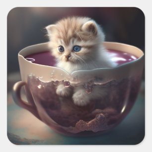 Katze in einem Teacup Kitten in einem Teacup Cat Quadratischer Aufkleber