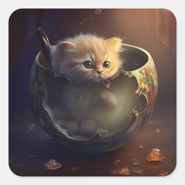 Katze in einem Teacup | Kitten in einem Teacup Cat Quadratischer Aufkleber (Vorderseite)