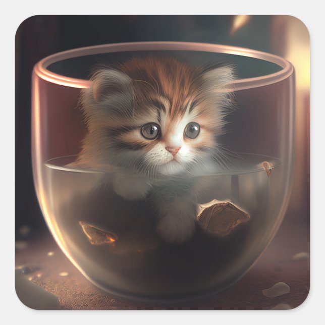 Katze in einem Teacup | Kitten in einem Teacup Cat Quadratischer Aufkleber (Vorderseite)