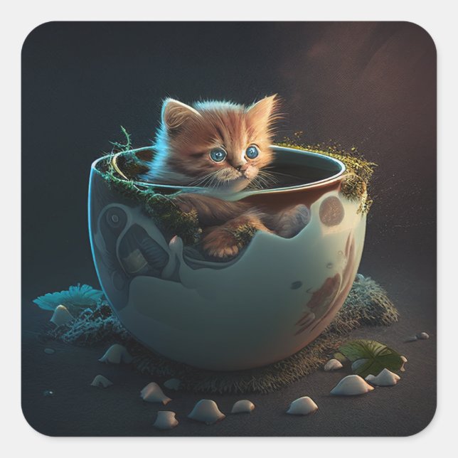 Katze in einem Teacup | Kitten in einem Teacup Cat Quadratischer Aufkleber (Vorderseite)