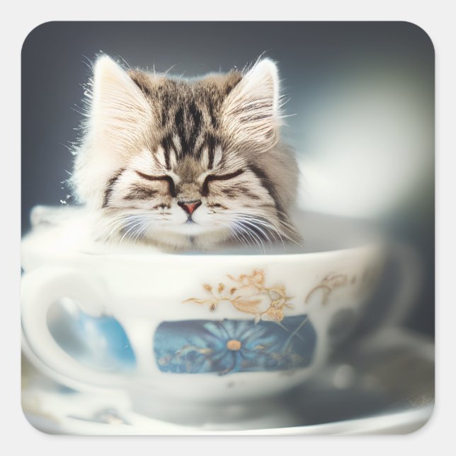Katze in einem Teacup | Kitten in einem Teacup Cat Quadratischer Aufkleber (Vorderseite)