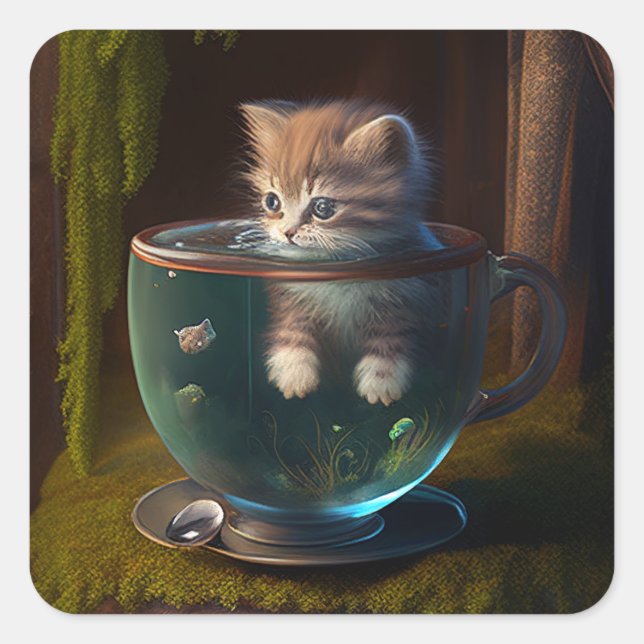 Katze in einem Teacup | Kitten in einem Teacup Cat Quadratischer Aufkleber (Vorderseite)