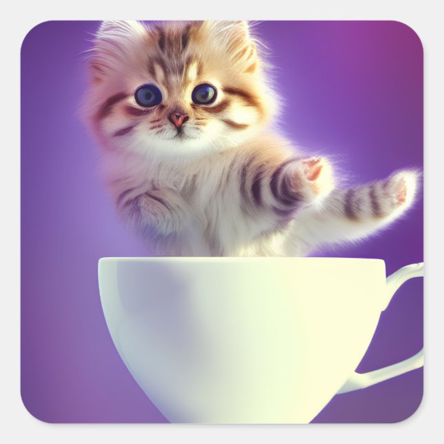 Katze in einem Teacup | Kitten in einem Teacup Cat Quadratischer Aufkleber (Vorderseite)