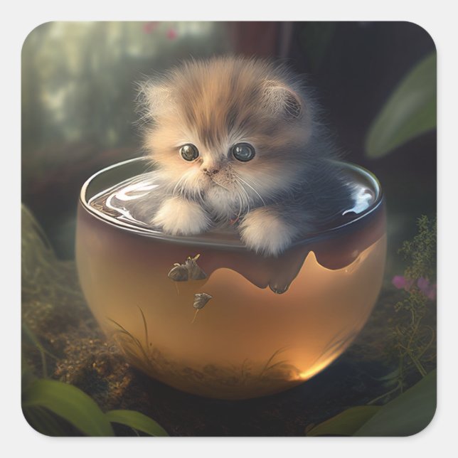 Katze in einem Teacup | Kitten in einem Teacup Cat Quadratischer Aufkleber (Vorderseite)