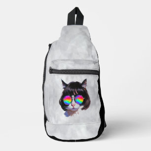 Katze in einer Perücke + Sonnenbrille (Gemälde #1) Crossbody Bag