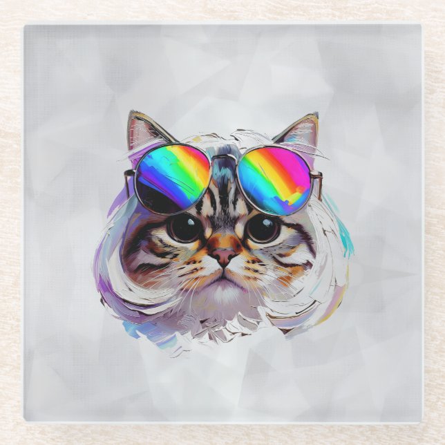 Katze in einer Perücke + Sonnenbrille (Gemälde #3) Glasuntersetzer (Vorderseite)