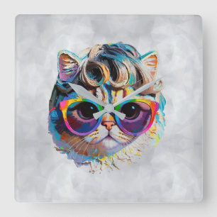 Katze in einer Perücke + Sonnenbrille (Gemälde #4) Quadratische Wanduhr