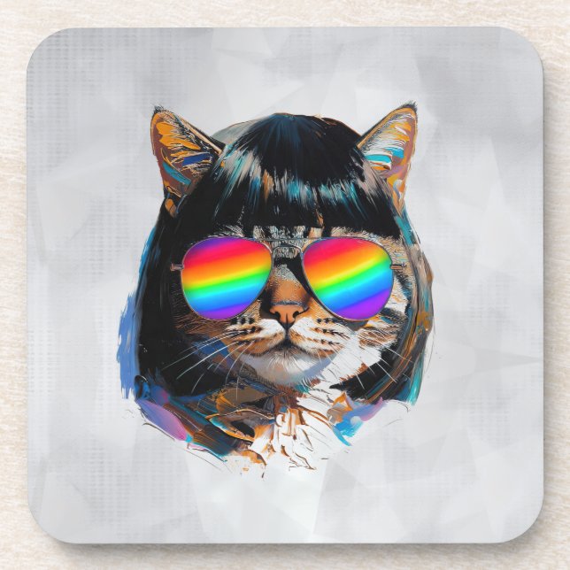Katze in einer Perücke + Sonnenbrille (Gemälde #5) Getränkeuntersetzer (Vorderseite)