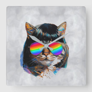 Katze in einer Perücke + Sonnenbrille (Gemälde #5) Quadratische Wanduhr