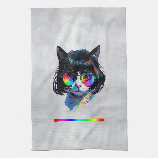 Katze in einer Perücke + Sonnenbrille (Gemälde #6) Geschirrtuch (Vertikal)