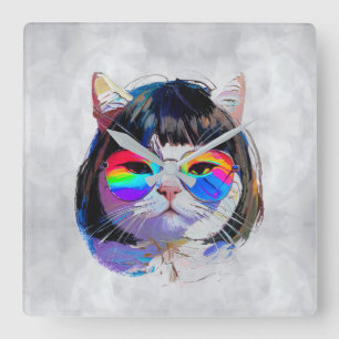 Katze in einer Perücke + Sonnenbrille (Gemälde #7) Quadratische Wanduhr