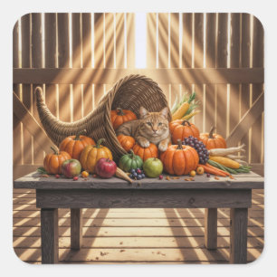 Katze in einer Thanksgiving-Cornucopia Quadratischer Aufkleber