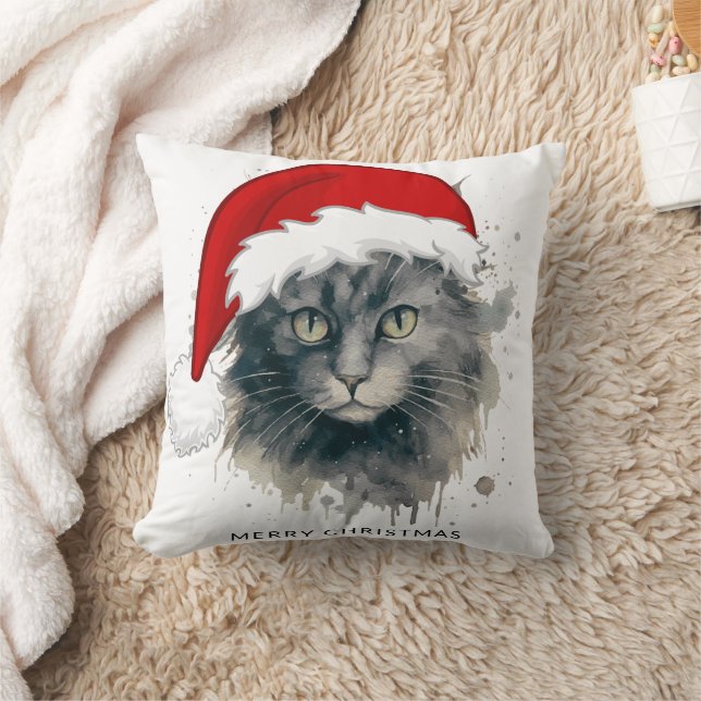 Katze in einer Weihnachtsmannmütze frohe Weihnacht Kissen (Decke)